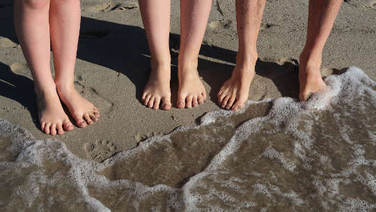 pairs of feet standing on the beach at the edge of the waves coming in to shore