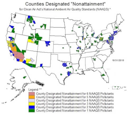 U.S. counties failing to meet national standards for at least one of six major air pollutants regulated under the Clean Air Act (fine particle air pollution is a public health emergency hiding in plain sight)