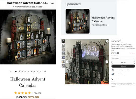 Two online ads, left and top right, that use a product image taken from an Etsy vendor (here are 10 tips for avoiding scams shopping online)