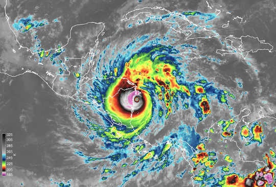 Satellite instruments capture Hurricane Iota making landfall in Nicaragua on Nov. 16. The image shows the temperature of cloud tops, which tells scientists how tall the clouds are.