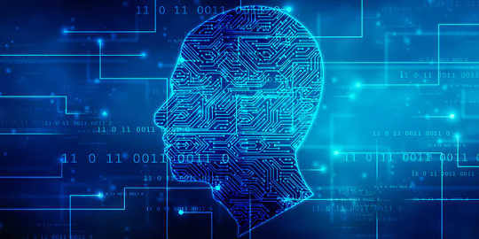 The inside of a man's head looking like the diagram of a computer motherboard. 