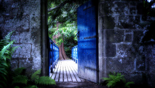 door opening onto a lighted walkway