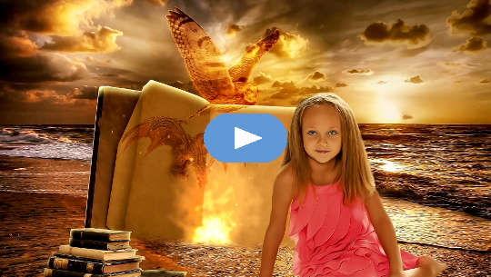 young girl sitting on the beach with s bright light and books