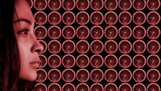 a woman's face in profile with a multitude of clocks behind her all set to the same time