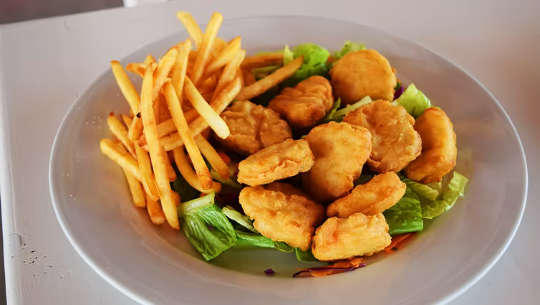 a plate of mostly deep-fried foods