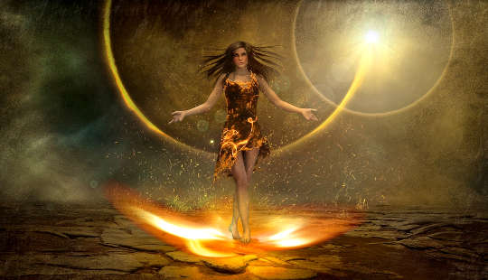 woman sitting on a beam of light (fantasy art)