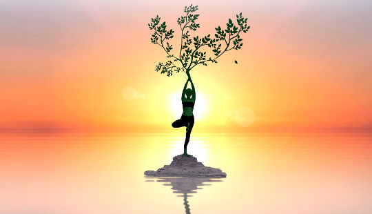 woman in a yoga tree pose with a tree growing out of the crown of her head