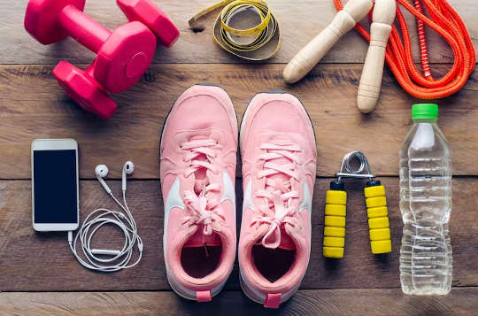 workout gear: running shoes, weights, water, etc.