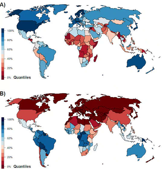 How (a) 2008–2018 national average GDP per capita compares with (b) tropical forest area. 