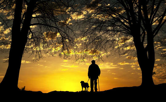 a ,man with a dog on a leash looking out at the sunset