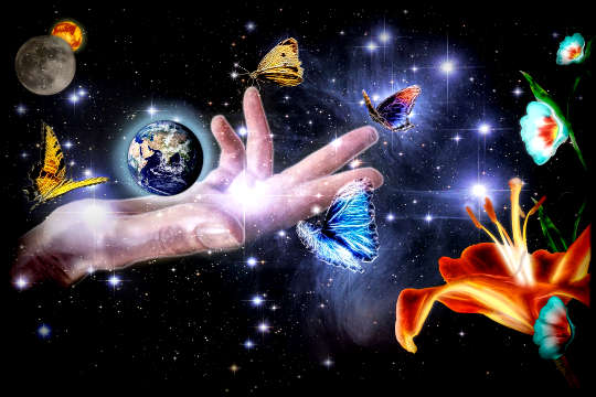 a hand outstretched into space with butterflies, dragonflies, flowers and planet earth floating above the open palm