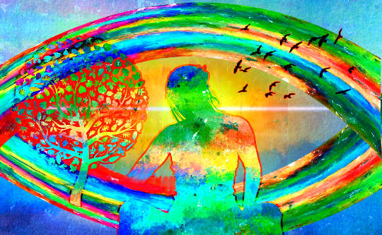 a watercolor of a woman sitting in meditation in the middle of a rainbow colored eye