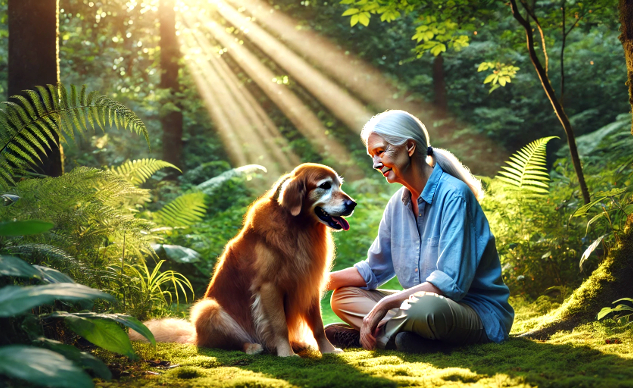 image of an older woman sittting in the forest with a dog