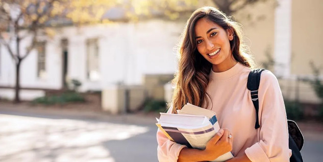 A college student reviewing books and career plans, representing the importance of choosing the right major.