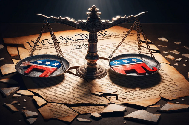 A broken scale of justice lying on a damaged U.S. Constitution, symbolizing the increasing threats to women's rights, health rights, and democracy in contemporary society.