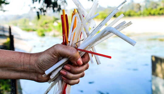 A person holds a handful of discarded straws in front of a body of water