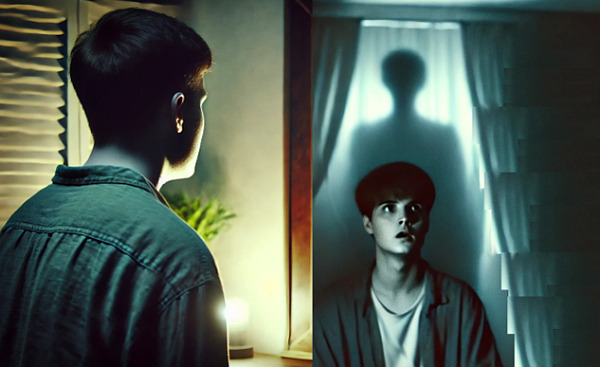 a young man looking in a mirror and seeing his reflection with a ghost behind it