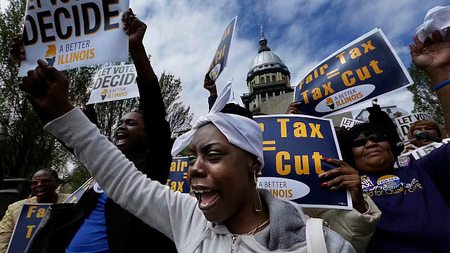 Protesters outside Illinois Capitol advocating for changes in state tax policies