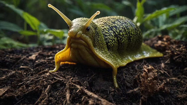 Close-up of a slug moving through a garden, highlighting its importance in soil health and ecosystem balance.