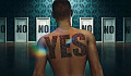 a man with the word YES on his back facing several doors with the word NO on them