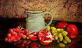 a still life painting of various fresh fruits and a clay pitcher