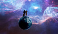 2 people standing on the globe of Planet Earth looking out into the Universe