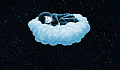 a caricature of someone sleeping on a cloud in the nighttime sky