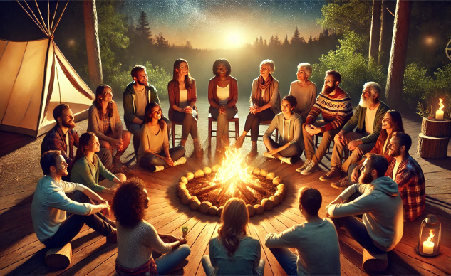 a diverse group of people sitting around a campfire