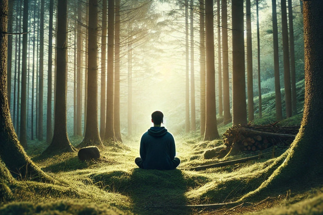 a person sitting meditation in a forest with radiant light in the foreground