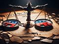 A broken scale of justice lying on a damaged U.S. Constitution, symbolizing the increasing threats to women's rights, health rights, and democracy in contemporary society.
