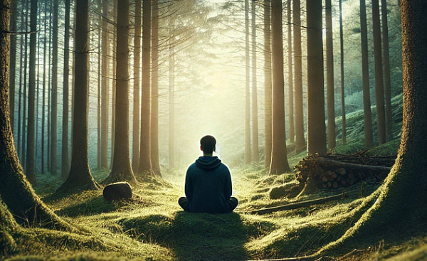 a person sitting meditation in a forest with radiant light in the foreground